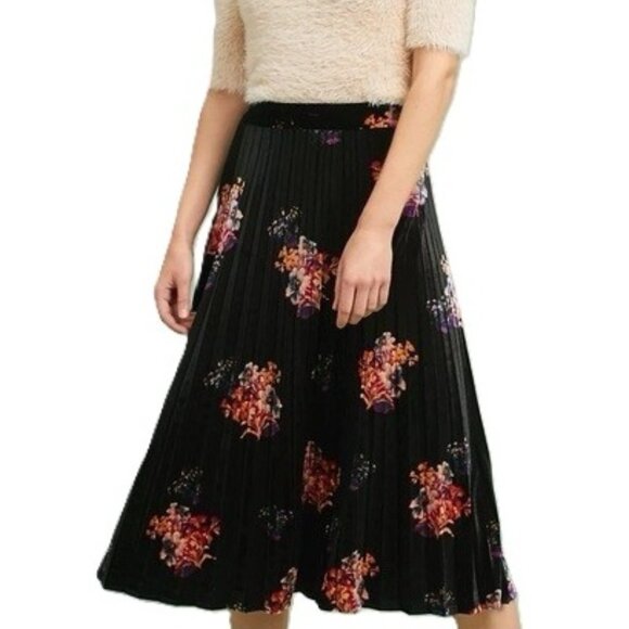 Anthropologie MAEVE Floral Velvet Skirt Pleated Midi Maxi Black Pleats A-Line XS - Picture 1 of 8